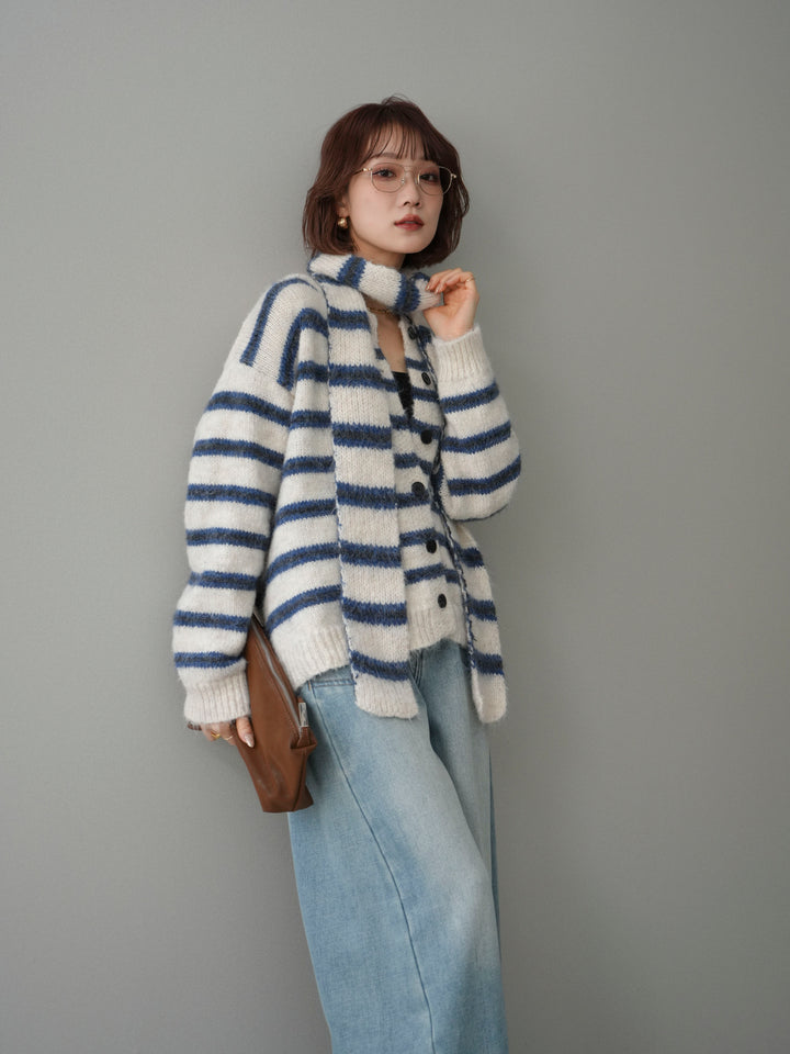 [SET]ボウタイ付きボーダーニットプルオーバー+ベルト付裏起毛カーブデニムパンツ(2set)