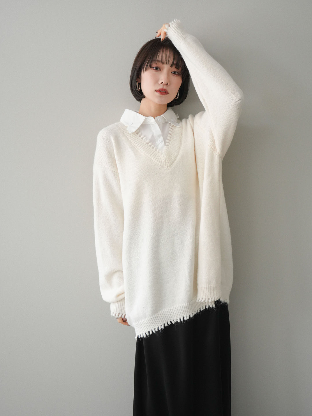 [SET]シャツドッキングVネックフリンジニットプルオーバー+選べるアクセセット(2set)