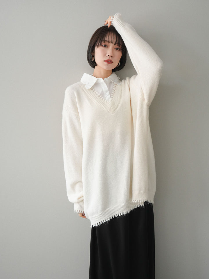 [SET]シャツドッキングVネックフリンジニットプルオーバー+選べるアクセセット(2set)