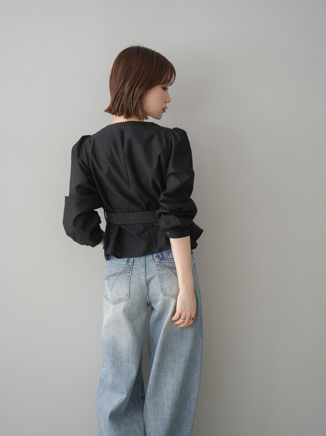 [SET]異素材ビスチェドッキングブラウス+ダメージデニムセミワイドパンツ(2set)