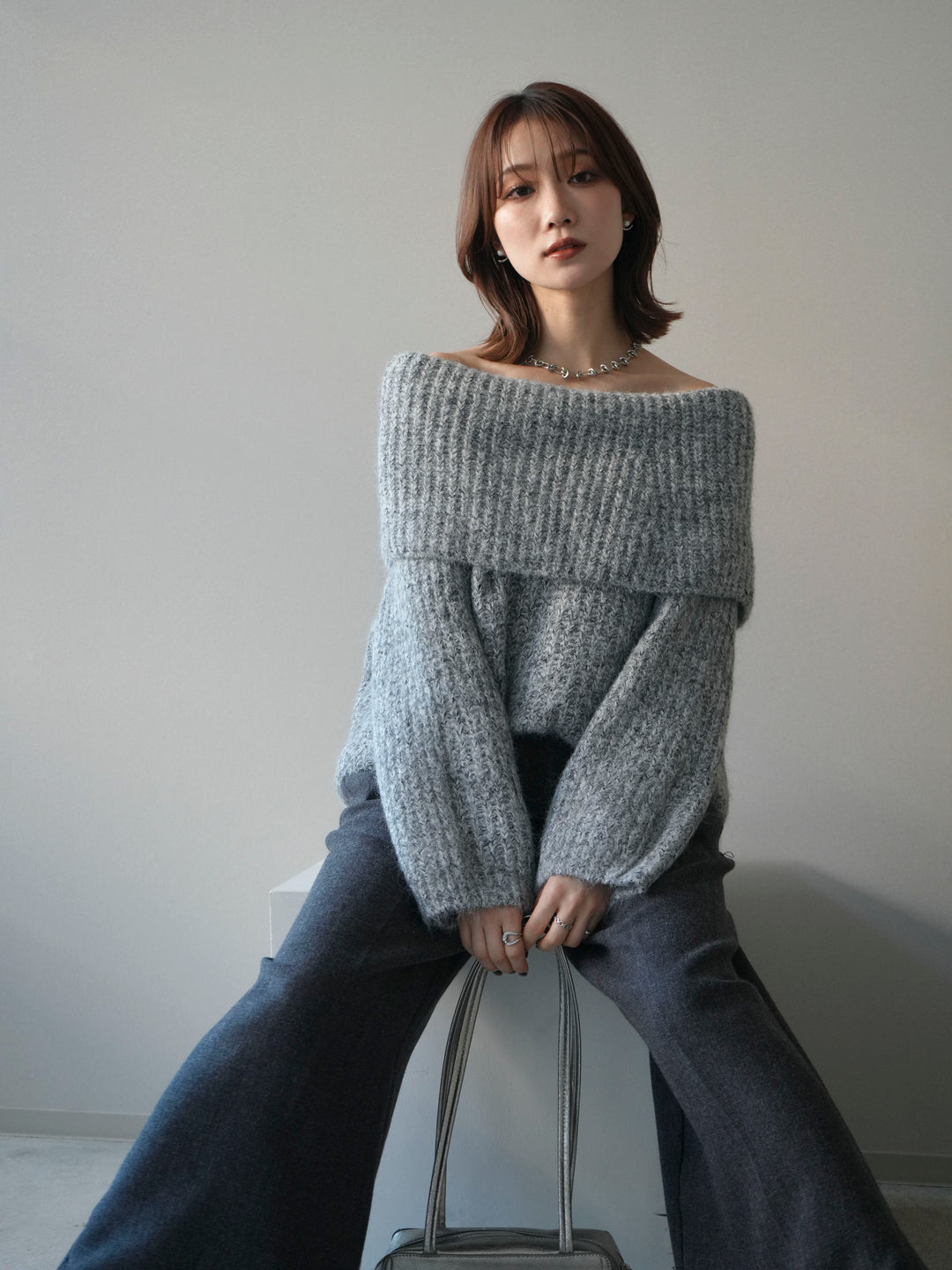 [予約]オフショルミックスニットプルオーバー/gray