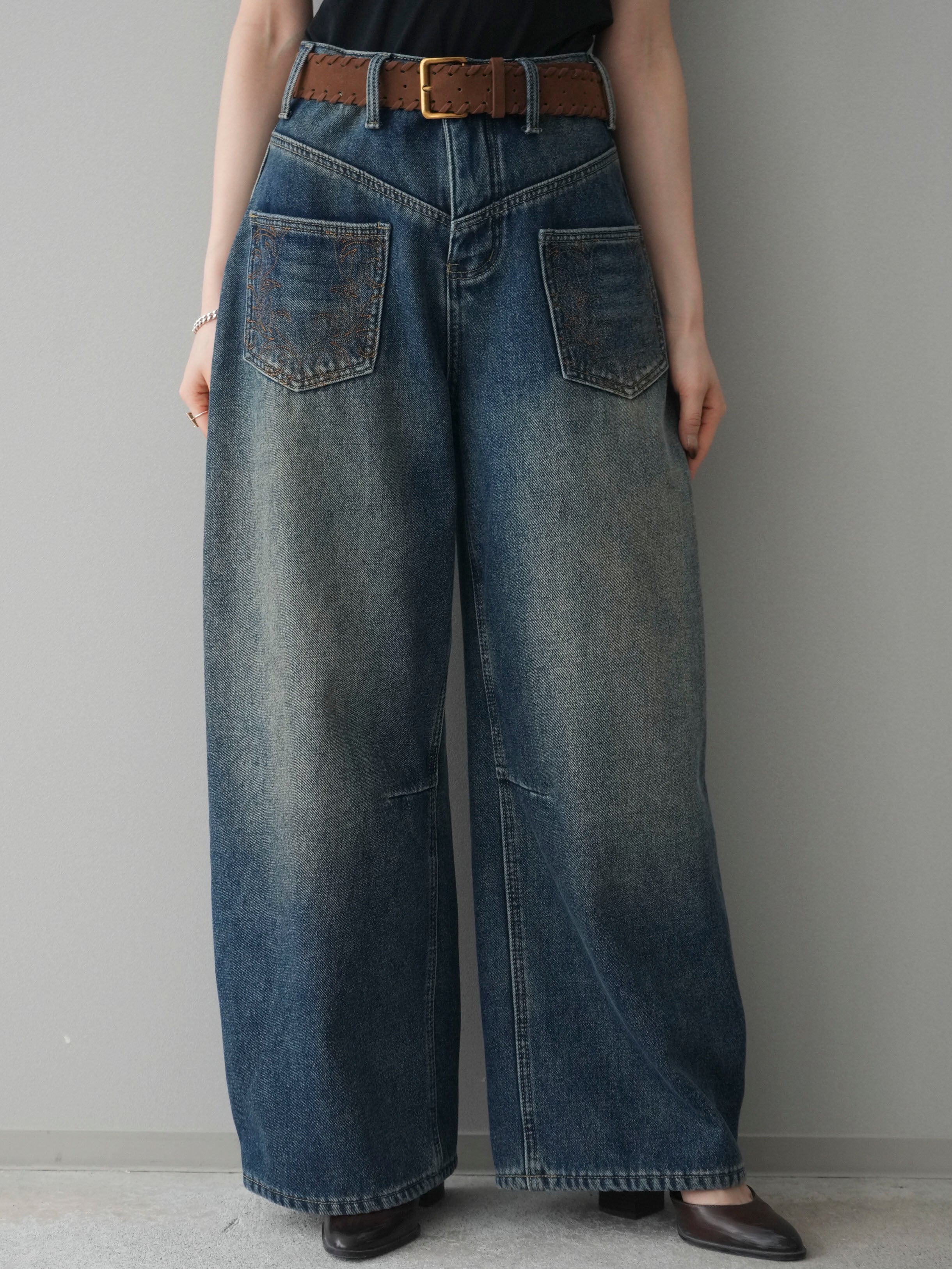 予約]ベルト付ポケット刺繍カーブデニムパンツ/blue – Lumier