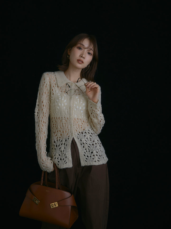 【Allure】[SET]ローゲージ透かし編みポロニッカーディガン+ローゲージ透かし編みポロニッカーディガン(2set)