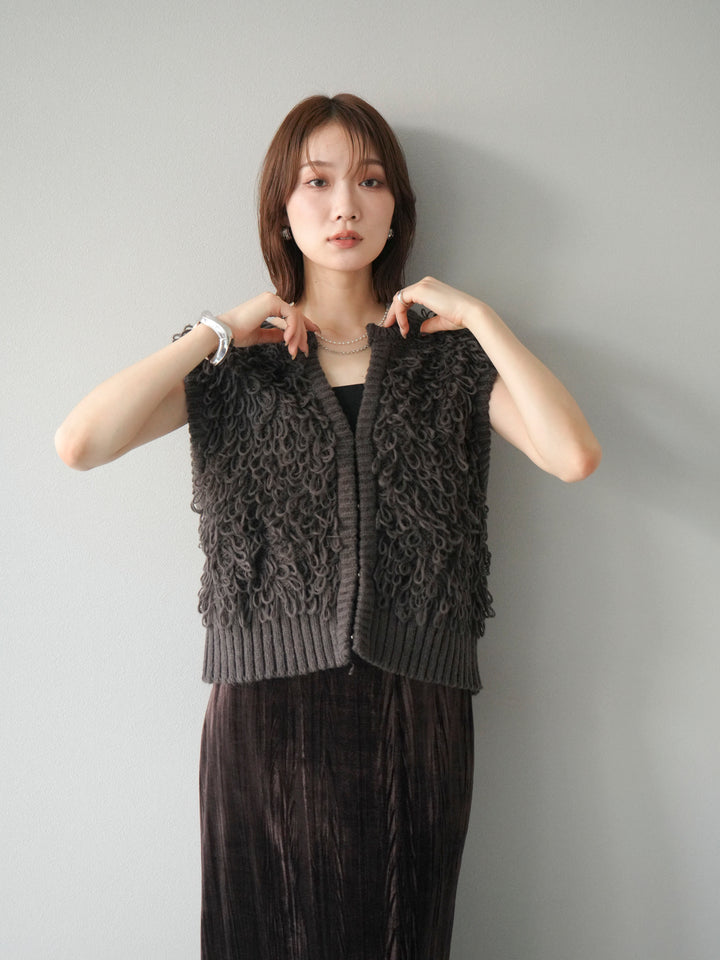 [SET]レザー襟オンブレチェックオーバーシャツ +ループデザインホックベスト +クラッシュベロアナロースカート(3set)