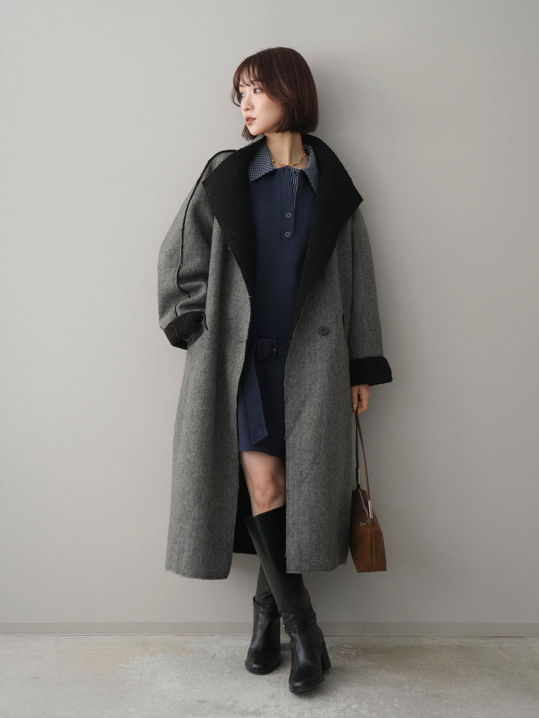 [SET]チェック襟xスエットミニワンピース+アウトシーム裏ボアコート(2set)