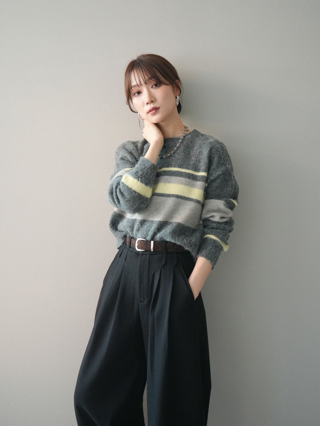 [SET]ソフトタッチボーダークロップドニットプルオーバー+ソフトタッチボーダークロップドニットプルオーバー(2set)