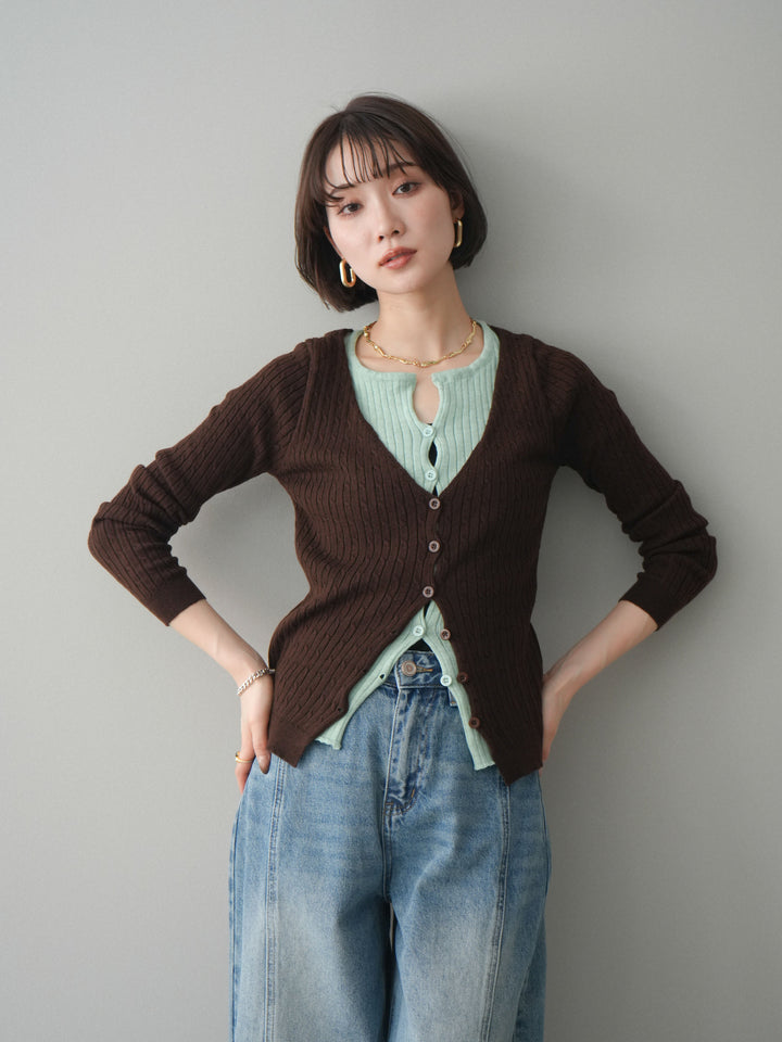 [予約]バイカラーレイヤードニットカーディガン/brown