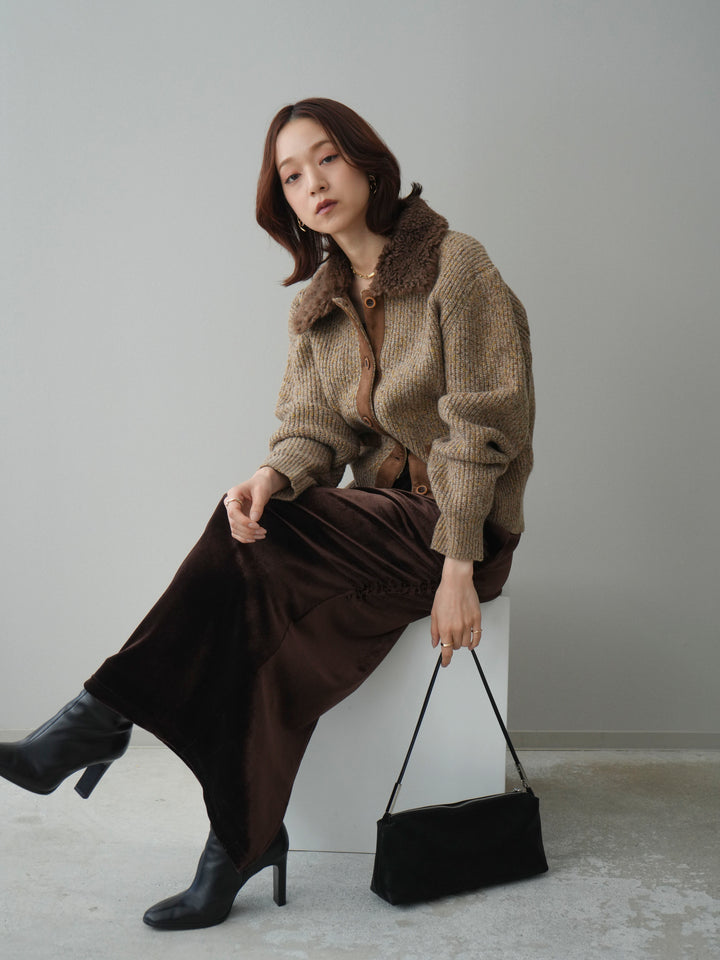 [SET]襟ボアミックスヤーンニットカーディガン+ギャザーベロアスカート(2set)