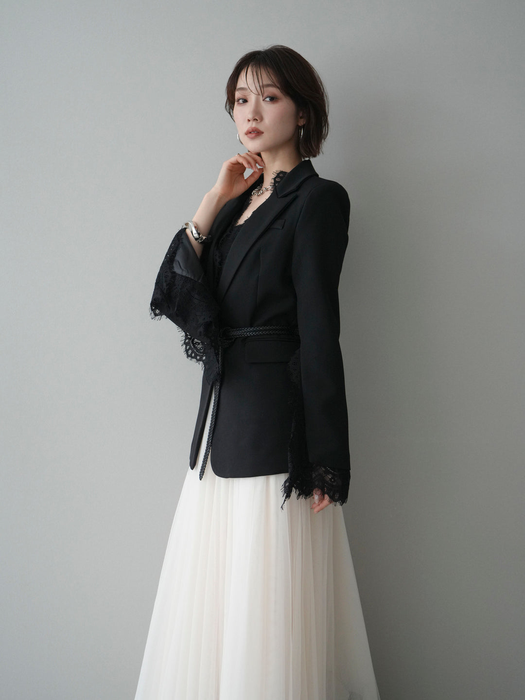 [SET]レースレイヤードスリットジャケット+選べるアクセセット(2set)