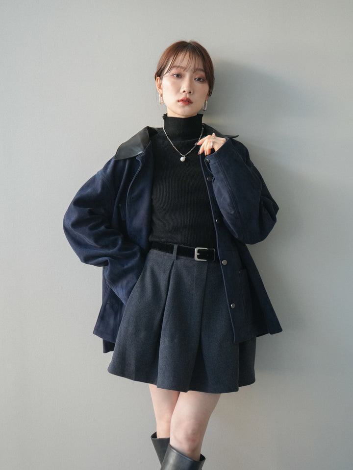 [SET]襟レザーステンカラースエードジャケット+袖ボタンボトルネックリブニットトップス(2set)