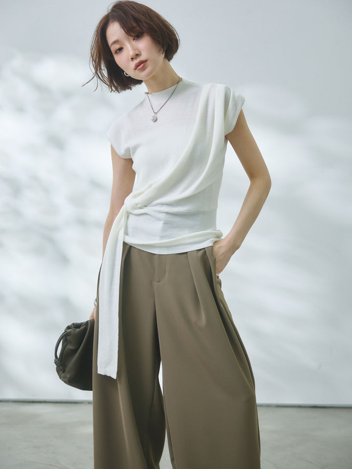 【Allure】[SET]サイドベルトボトルネックノースリーブニットトップス+サイドベルトボトルネックノースリーブニットトップス(2set)