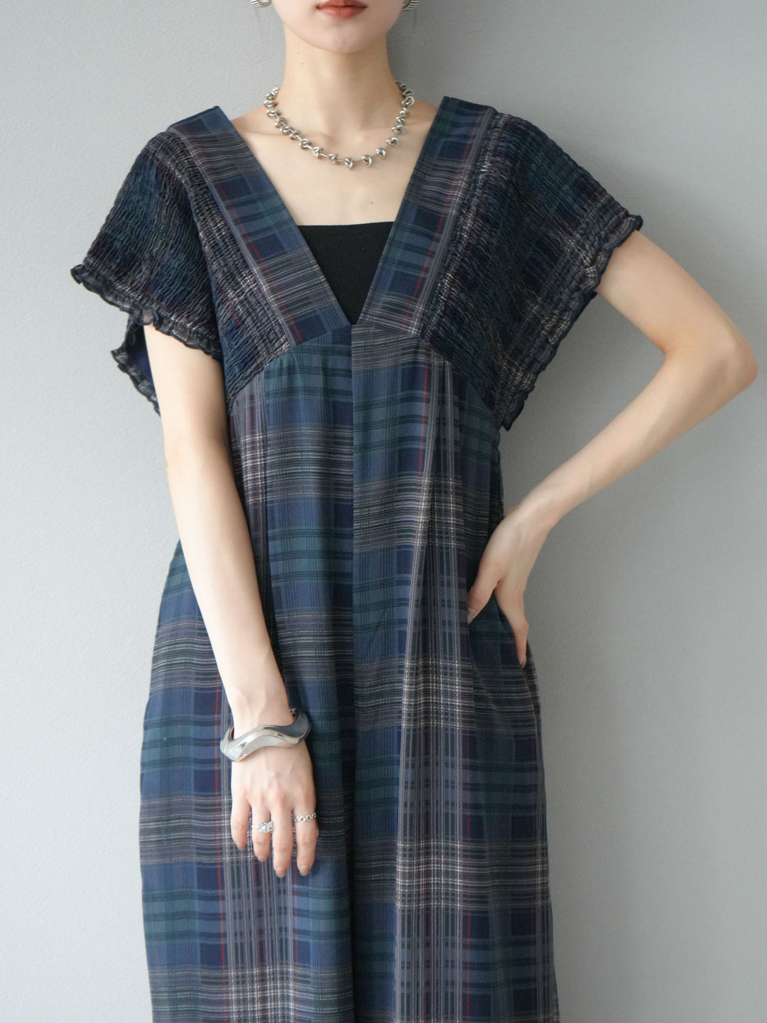 [套裝] 透視格紋褶皺背帶褲 + 配件套裝（2 套）