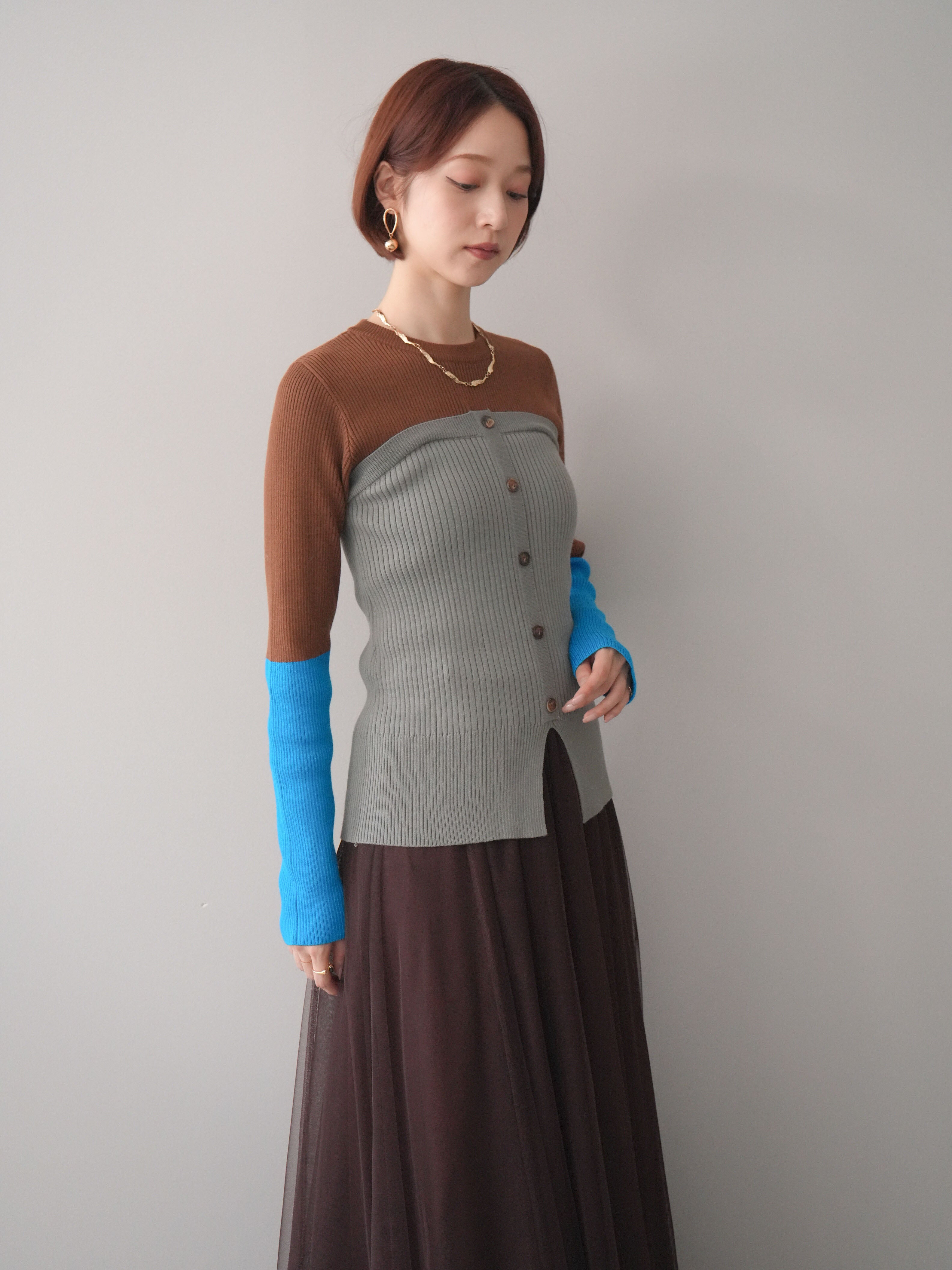 予約]配色ビスチェドッキングリブニットトップス/brown – Lumier