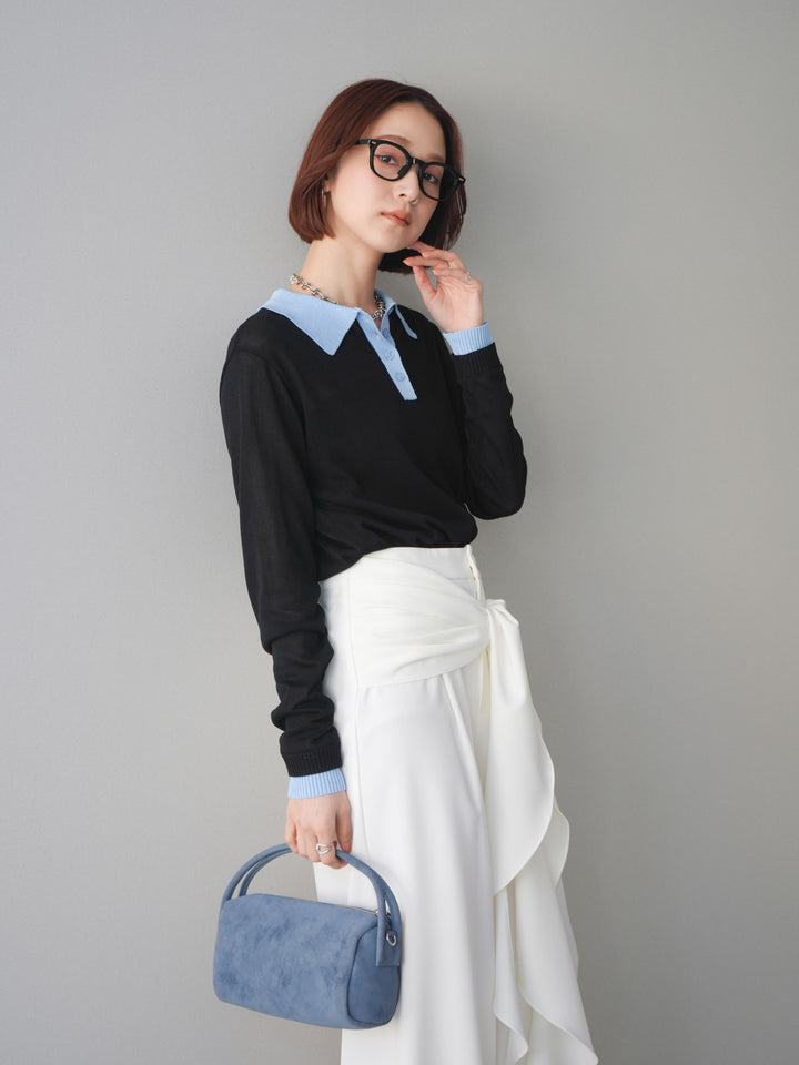 [SET]配色デザインシアーポロニット+ラッフルベルトワイドパンツ(2set)