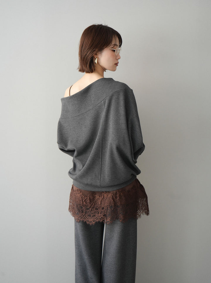 [SET]アシンメトリーオフショルポンチプルオーバー+レーストリムキャミソール+イージーポンチワイドパンツ(3set)