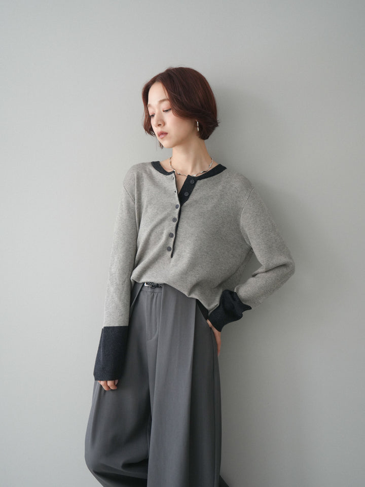 [SET]ヘンリーネック配色ニットソー+ベルトループデザインワイドパンツ(2set)