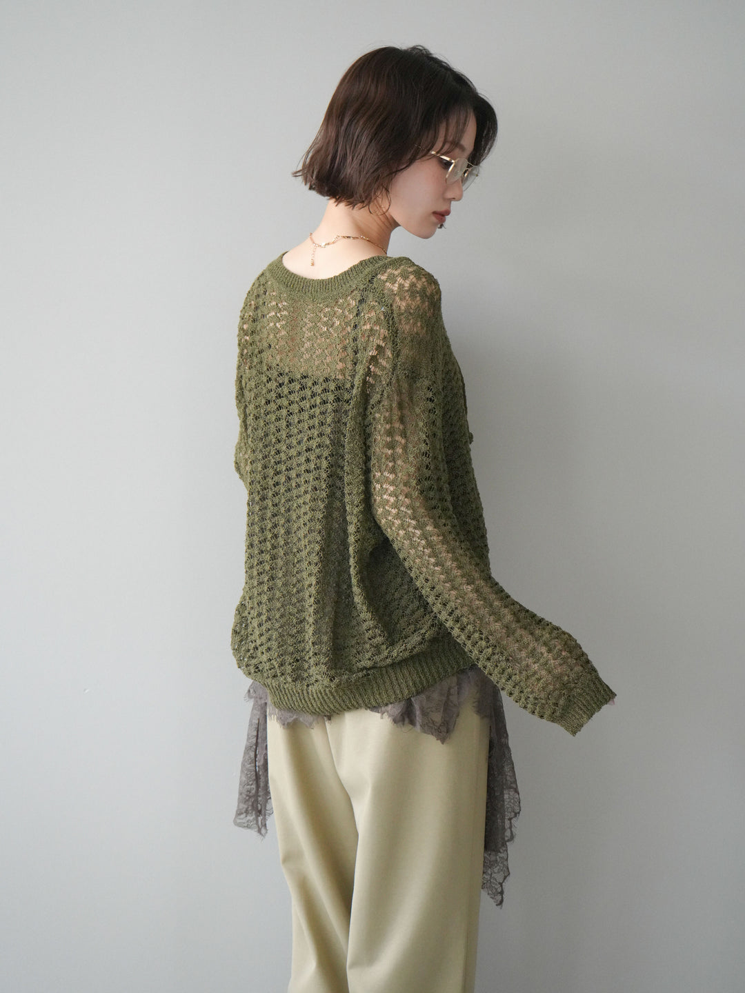 [予約]パネルメッシュニットトップス/khaki