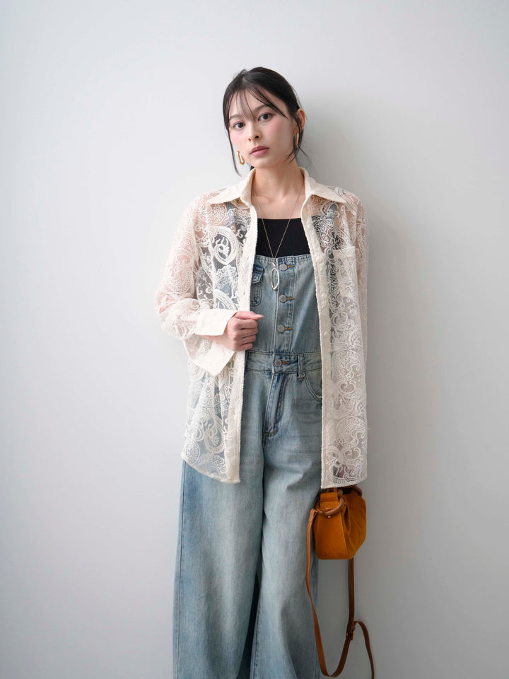 【套裝】薄紗佩斯利刺繡長袖襯衫+皮革拼接肩帶牛仔背帶褲（兩件套）
