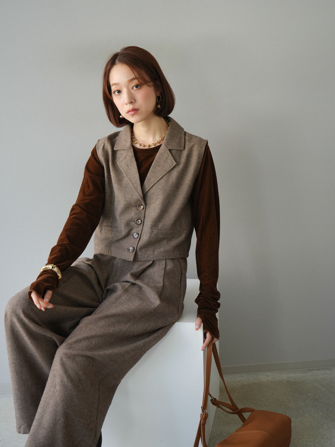 [予約]ツイードタッチテーラードジレ/ブラウン