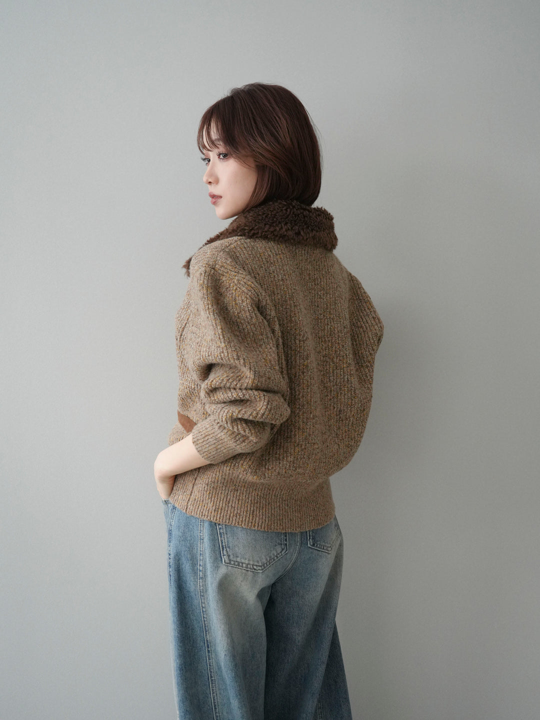 [SET]襟ボアミックスヤーンニットカーディガン+選べるアクセセット(2set)