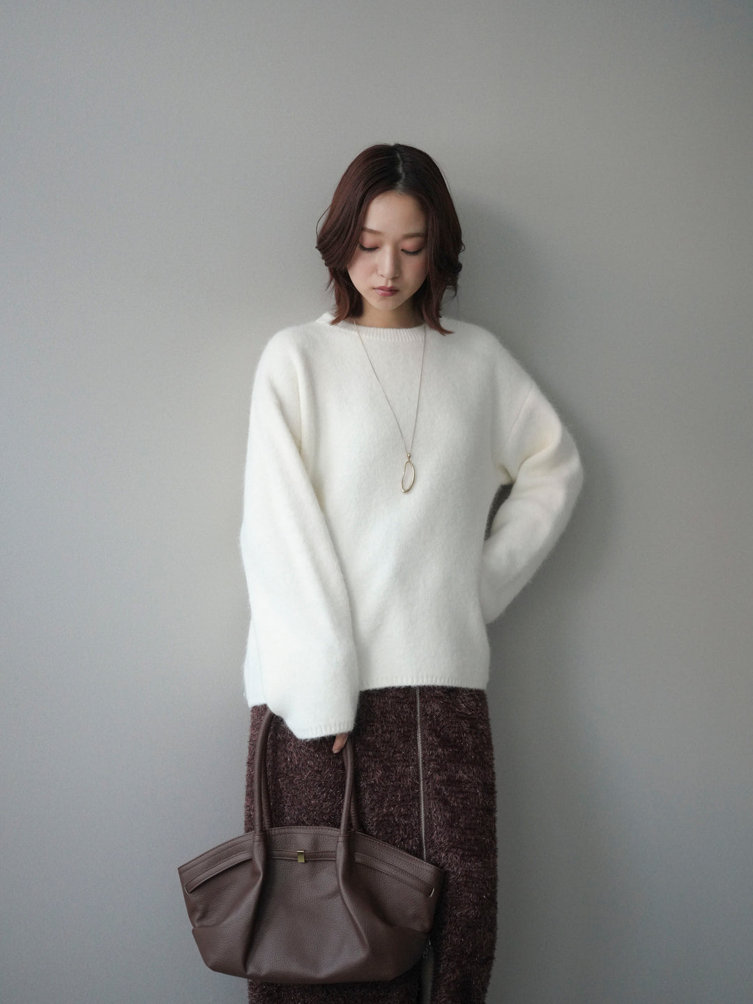 [SET]アンゴラタッチクルーネックニットプルオーバー+ラメシャギーフロントジップスカート(2set)