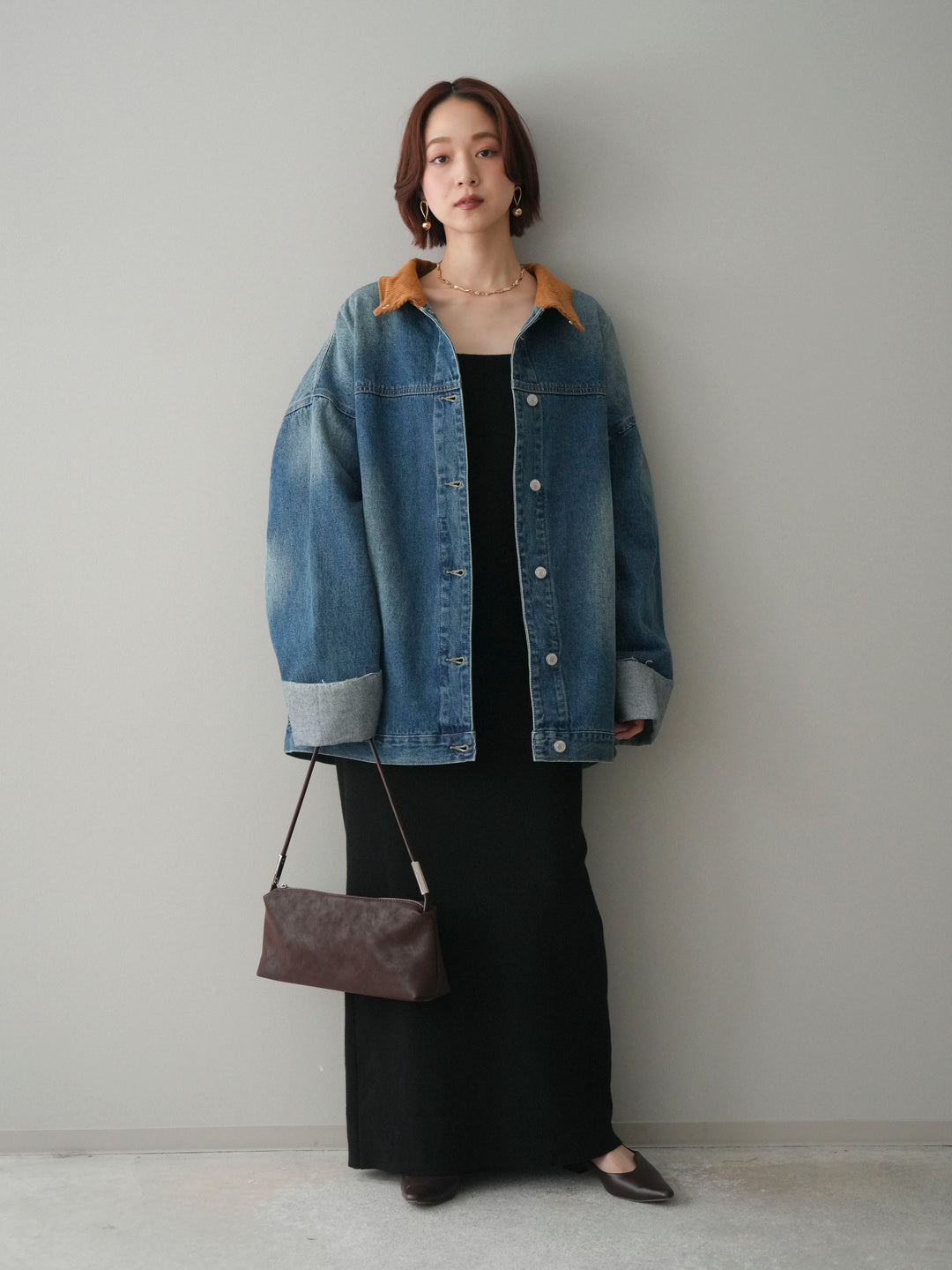 [SET]2WAYニットワンピース+コーデュロイ×デニムミドルジャケット(2set)