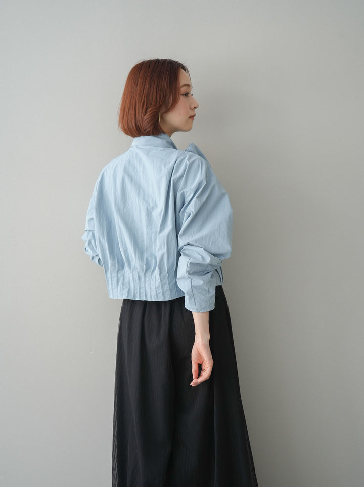 [SET]ボウタイ裾プリーツライトジャケット+ストライプチュールボリュームバギーパンツ(2set)