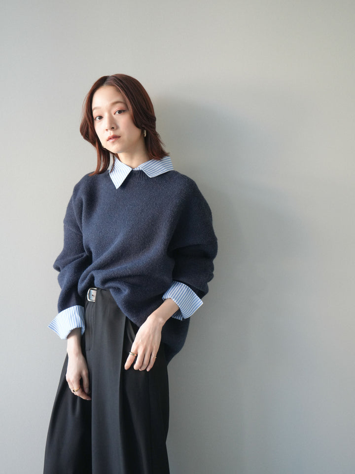 [SET]2WAYストライプ襟ニットプルオーバー+ベルトループデザインワイドパンツ(2set)