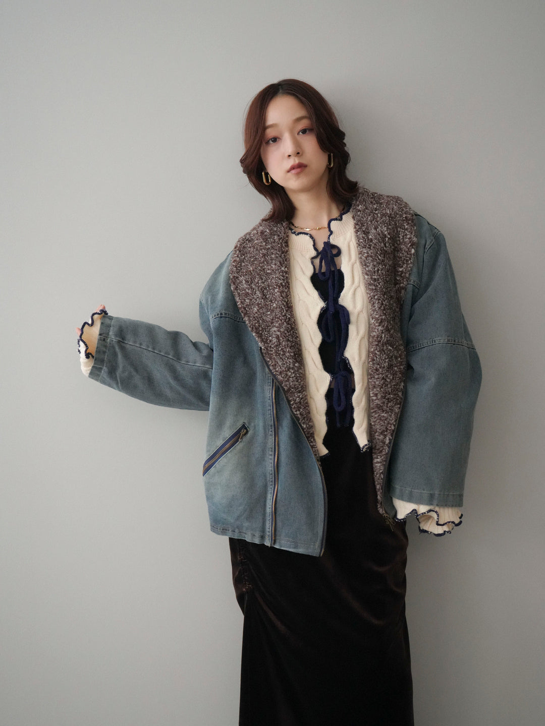 [SET]ミックスボアデニムジャケット+フロントリボン配色メローニットカーディガン(2set)