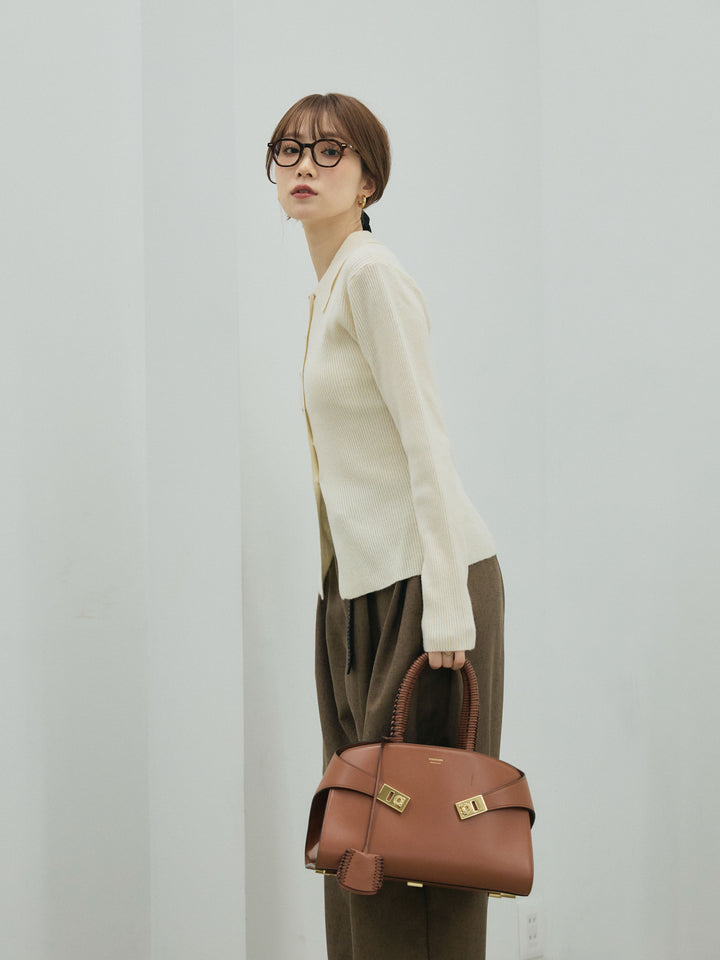 【Allure】[SET]くるみボタンポロリブニットトップス+モックスカルゼサイドタックコクーンパンツ(2set)