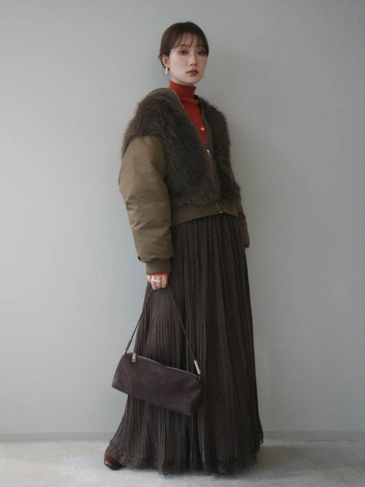 [SET]ファードッキングMA-1+袖ボタンボトルネックリブニットトップス+裾レーススウェードプリーツマキシスカート(3set)