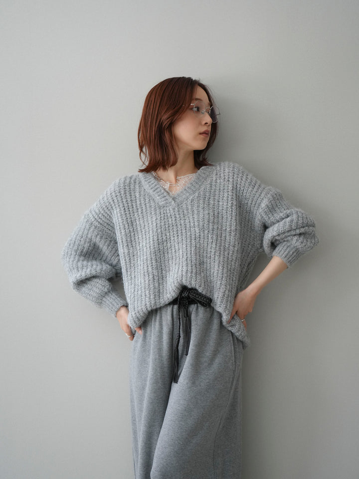 [SET]Vネックレースニットプルオーバー+編み込みベルト付きウエスト配色スエットパンツ(2set)