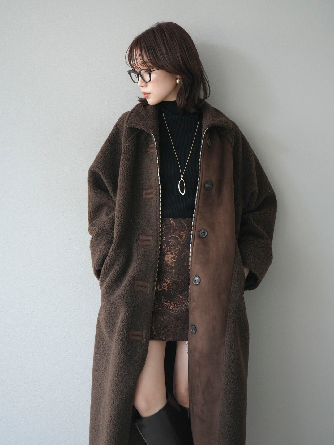 [予約]ボアxムートンロングコート/brown