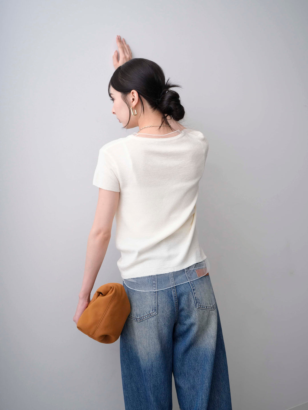 [SET]チュールレーヤードヘンリーフレンチニットトップス+立体カーブデニムパンツ(2set)