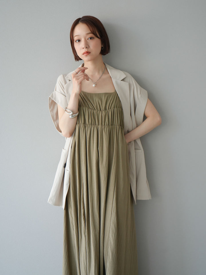 [SET]レーヨンシャーリングキャミワンピース+リネンライクノースリーブダブルジレ(2set)