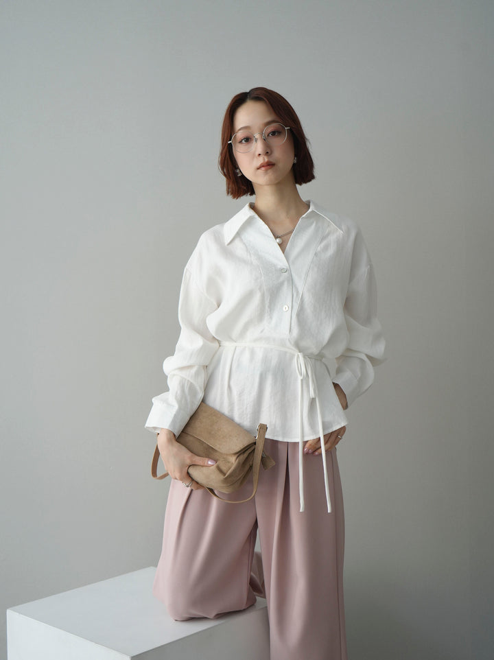 [SET]Vネック変形ラインシャツ+ベルト付キーホルダーモチーフワイドパンツ(2set)