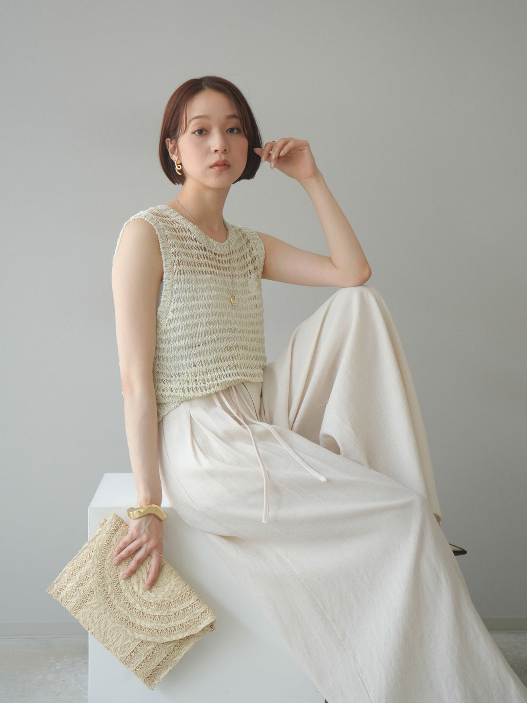 [予約]ミックスヤーン透かし編みニットタンクトップ/アイボリー