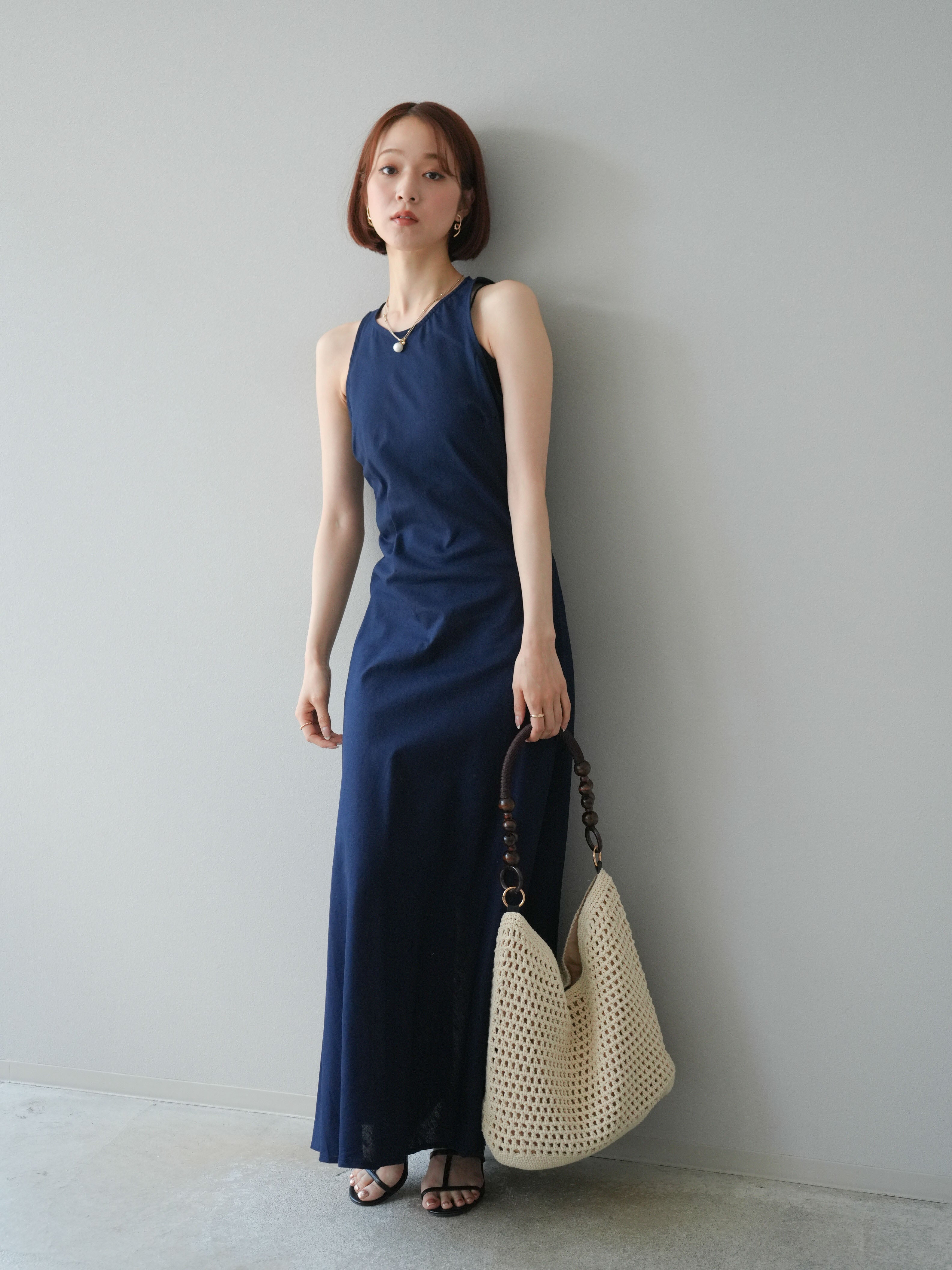 予約]リネンタッチノースリーブワンピース/ネイビー – Lumier