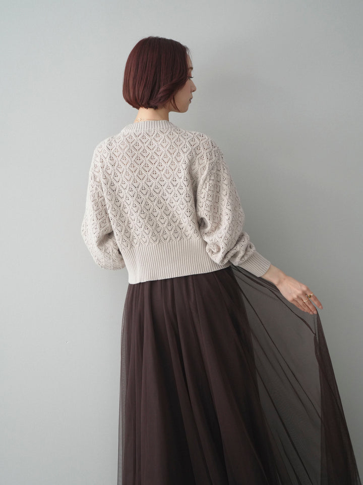 [予約]透かし編みフロントジップスリットニットプルオーバー/lightbeige