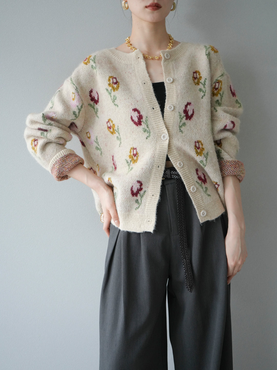 [予約]ウールタッチフラワーニットカーディガン/アイボリー