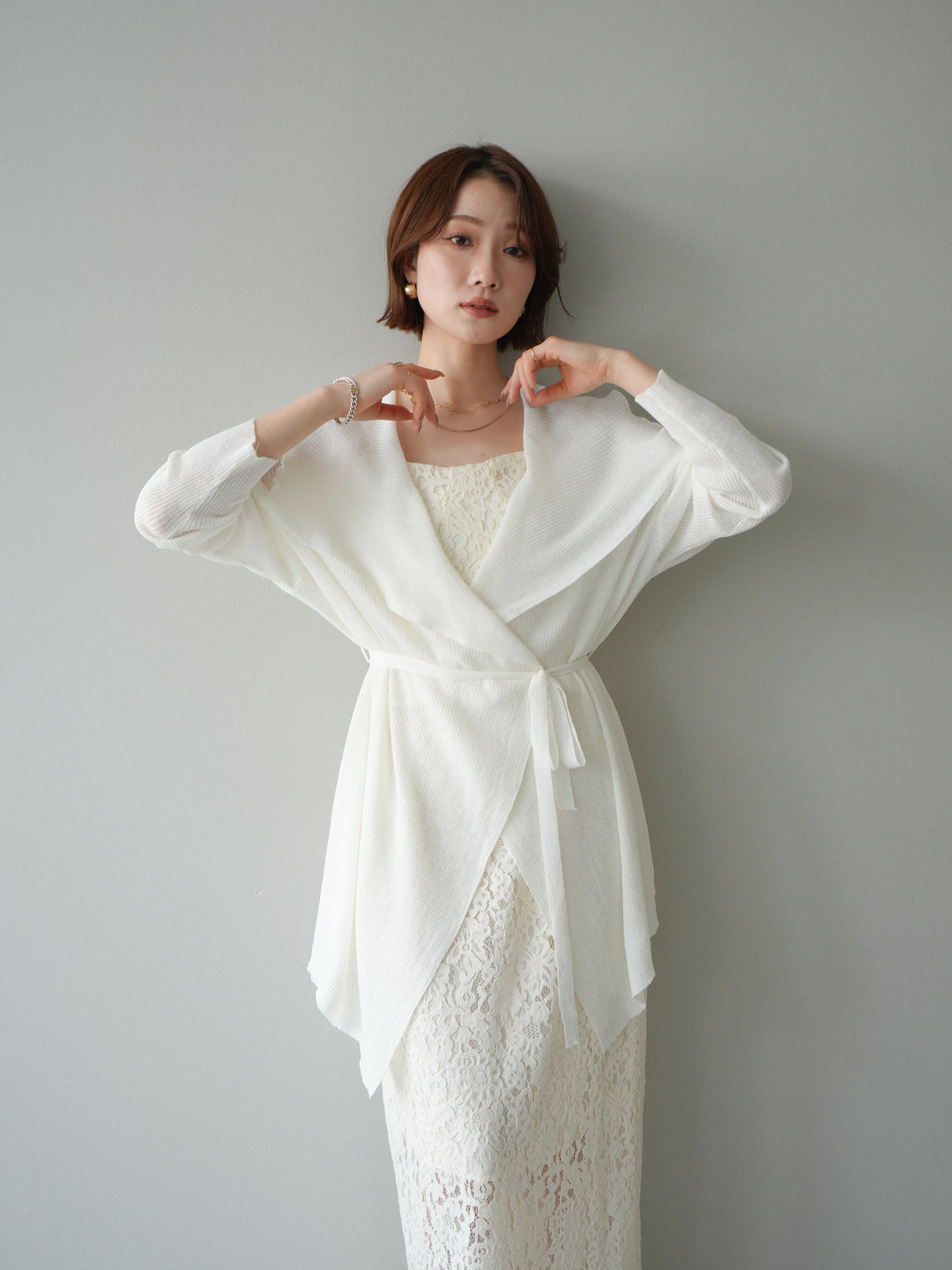 [SET]ドレープリブニットガウン+フルレースキャミ＆IラインスカートSET UP(2set)