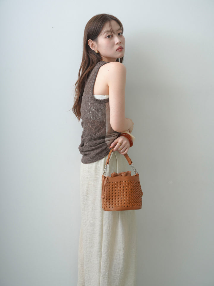 [SET]バックレースタンクトップ+リネンライクベルトループワイドパンツ(2set)