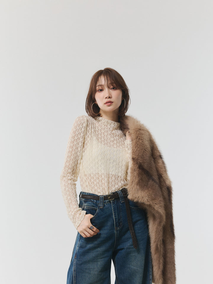 【Allure】[SET]フラワーレーストップス+サイドタックヴィンテージワイドデニム(2set)