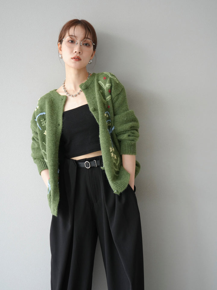 [SET]フラワー刺繍ニットカーディガン+ベルト付タックワイドパンツ(2set)