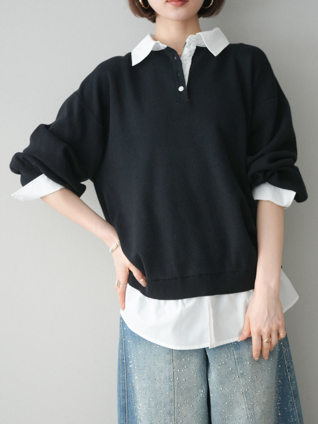 [予約]シャツドッキングオーバーニットプルオーバー/blackoff