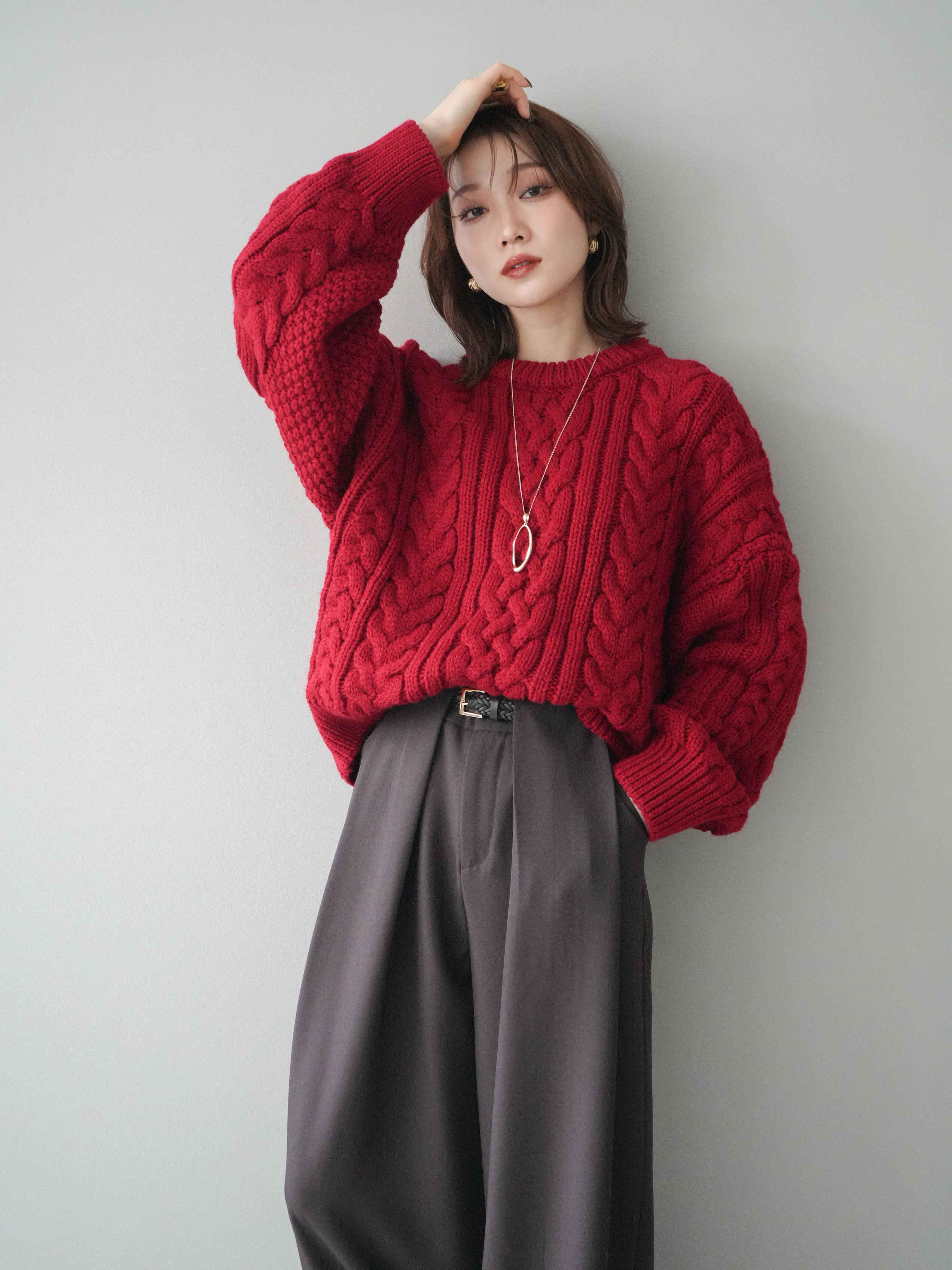 SET]ボリュームケーブルニットプルオーバー+ベルトループデザイン