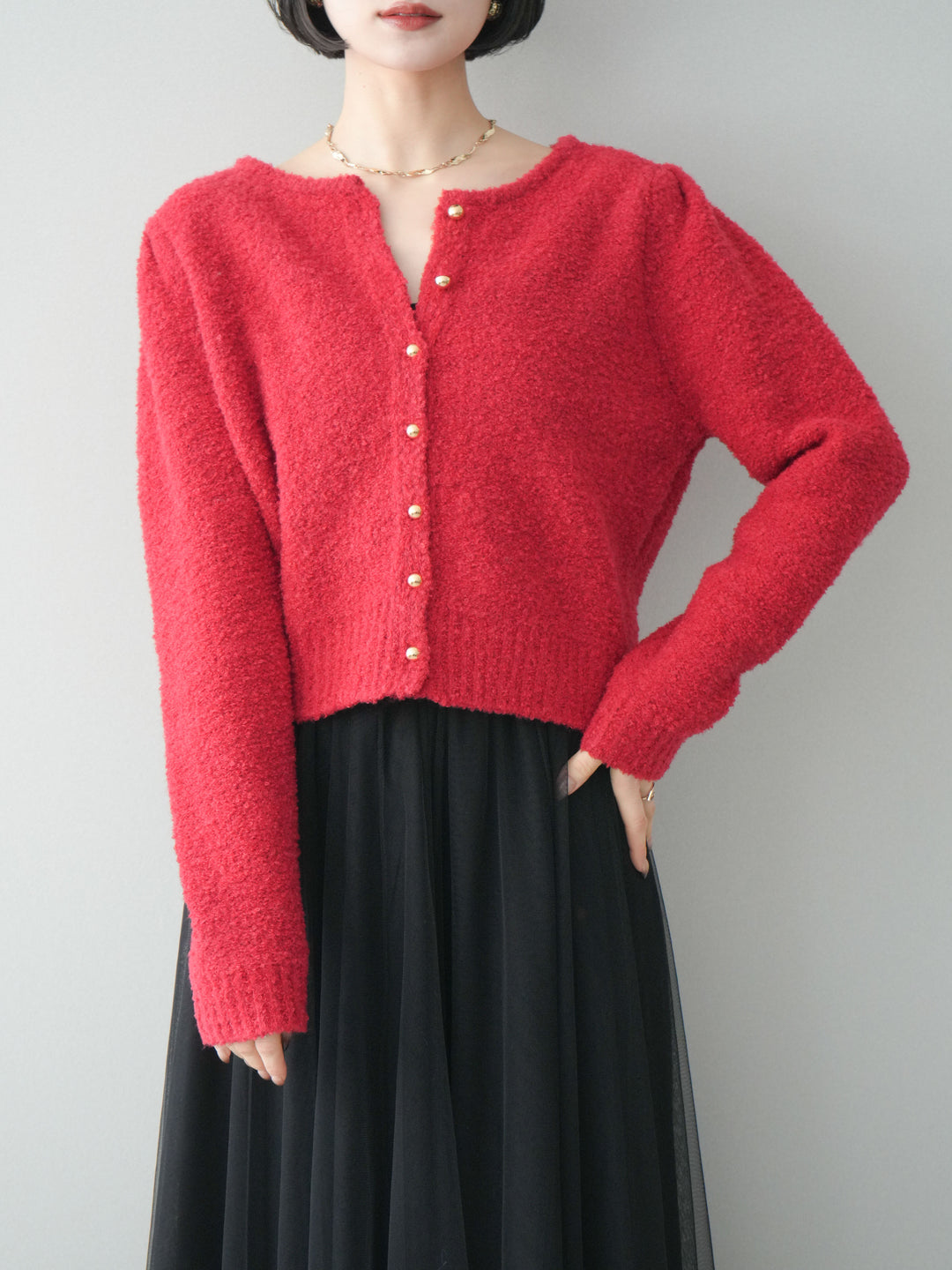 [SET]ゴールドボタンブークレニットカーディガン+チュールボリュームスカート(2set)