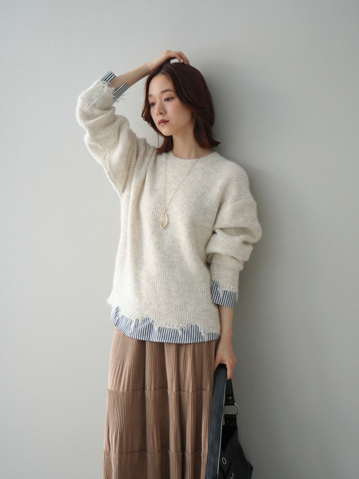 [SET]裾シャツレイヤードダメージニットプルオーバー+裾シャツレイヤードダメージニットプルオーバー(2set)