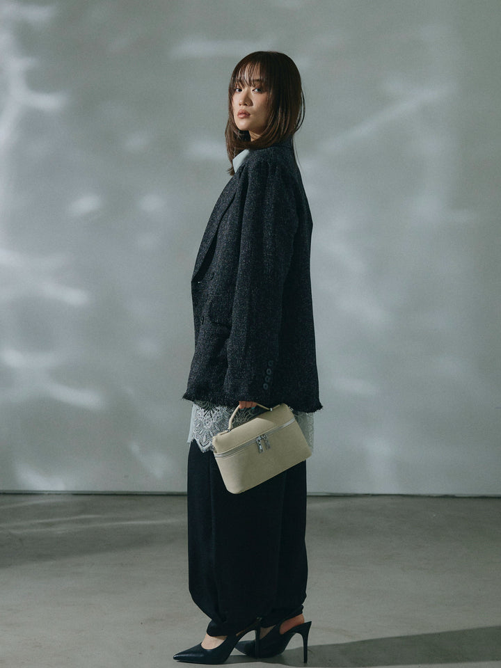 【Allure】[SET]スラブツイードフリンジテーラージャケット+ワッシャーサテンタックジョガーパンツ(2set)