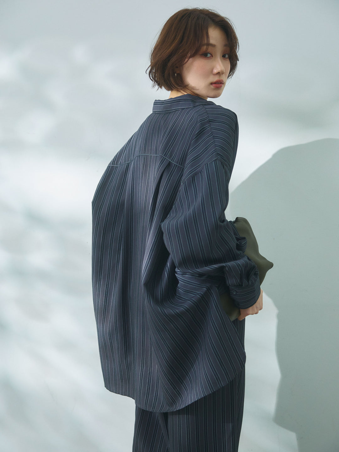 【Allure】[SET]ストライプオーバーシャツ+フロントボタンテレコリブタンクトップ+ストライプイージーパンツ(3set)